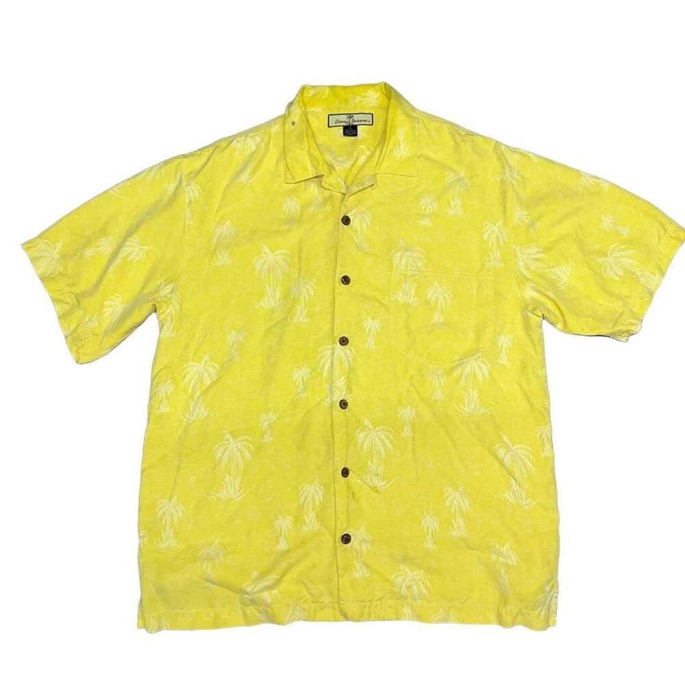 Tommy Bahama Silk Palm Tree Hawaiian Shirt Size M Yellow Mens Button down